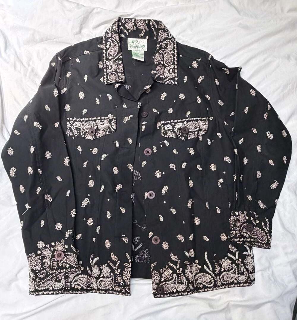 The Quacker Factory Black Paisley Floral Button Down Shirt Size S
